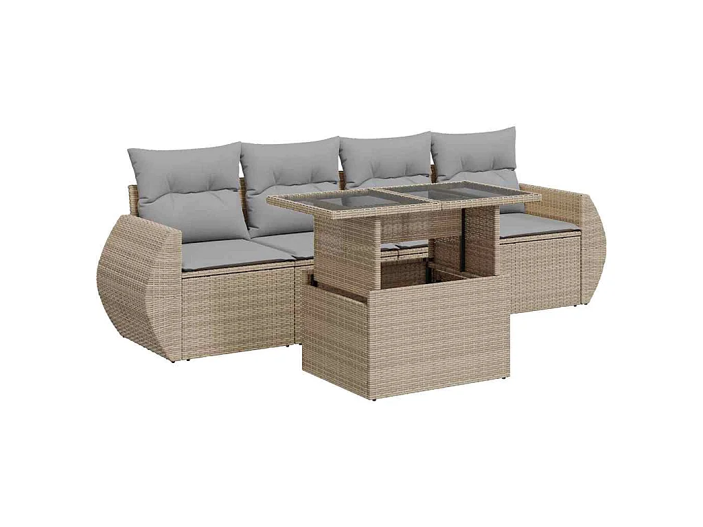 5-delige Loungeset met kussens poly rattan beige