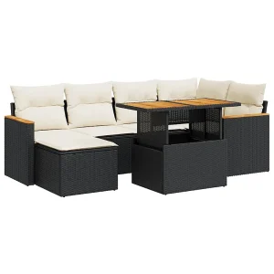 7-delige Loungeset met kussens poly rattan acacia zwart 7-delige Loungeset met kussens poly rattan acacia zwart