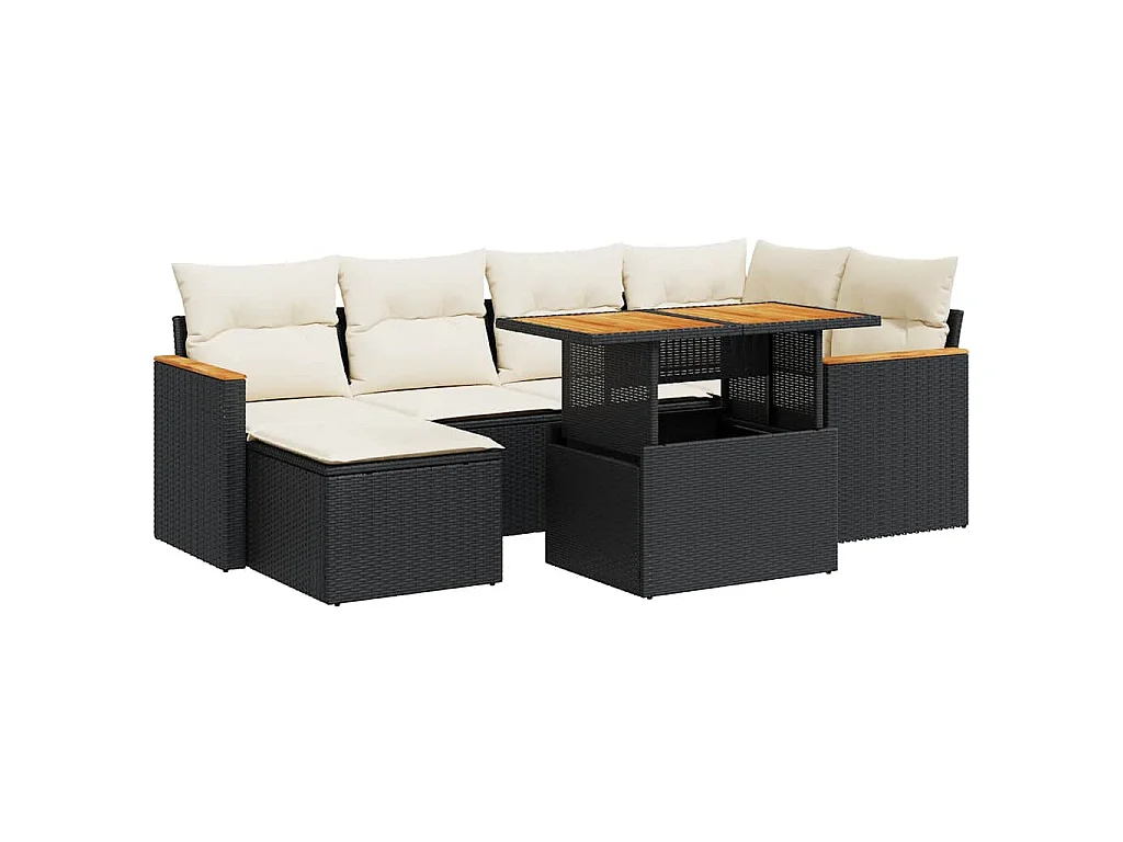 7-delige Loungeset met kussens poly rattan acacia zwart