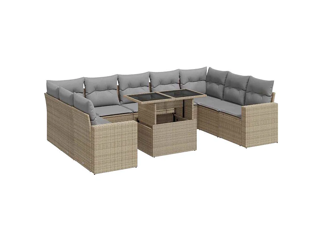 10-delige Loungeset met kussens poly rattan beige