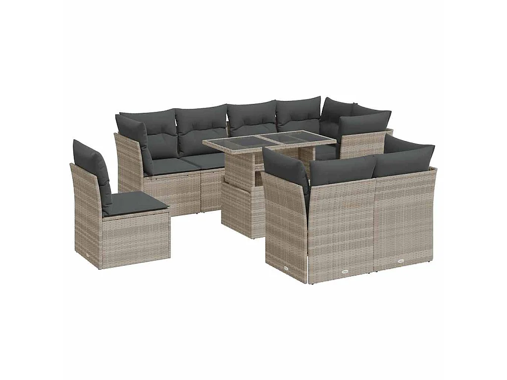 9-delige Loungeset met kussens poly rattan lichtgrijs