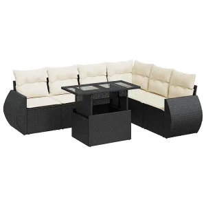7-delige Loungeset met kussens poly rattan zwart 7-delige Loungeset met kussens poly rattan zwart