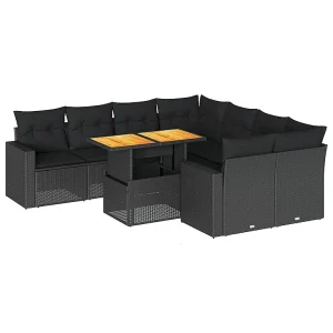 9-delige Loungeset met kussens poly rattan zwart 9-delige Loungeset met kussens poly rattan zwart