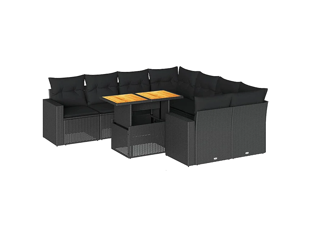 9-delige Loungeset met kussens poly rattan zwart