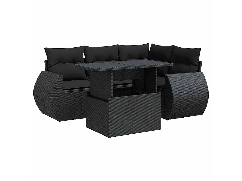 5-delige Loungeset met kussens poly rattan zwart