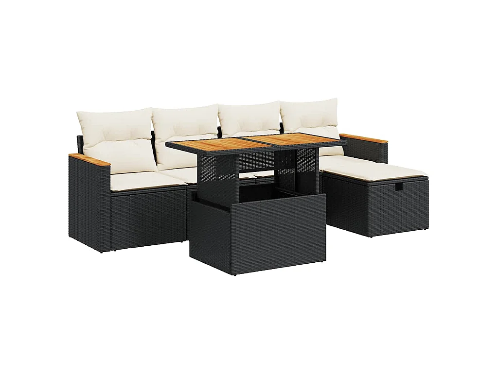 6-delige Loungeset met kussens poly rattan zwart