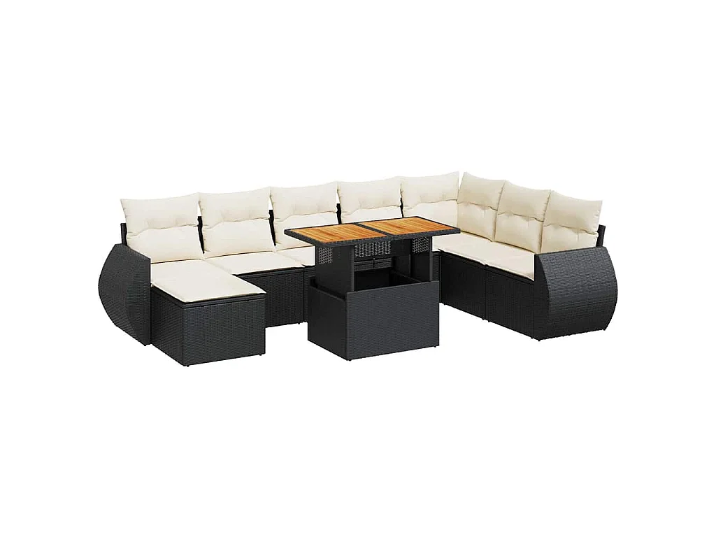 9-delige Loungeset met kussens poly rattan zwart