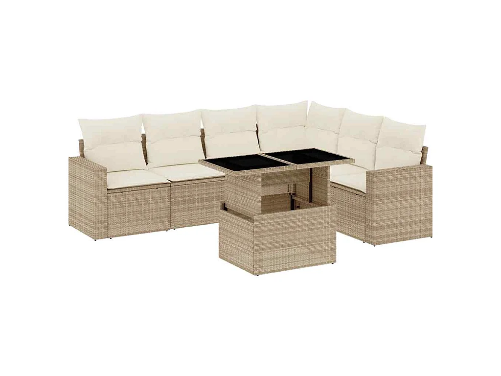 7-delige Loungeset met kussens poly rattan beige