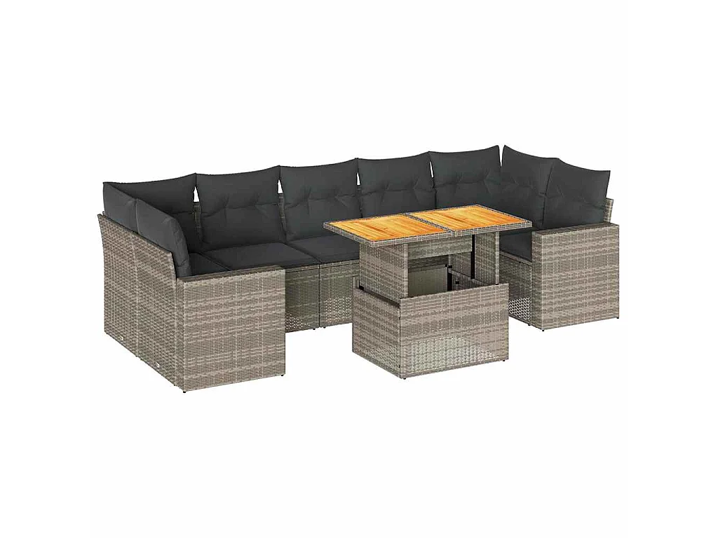 8-delige Loungeset met kussens poly rattan grijs