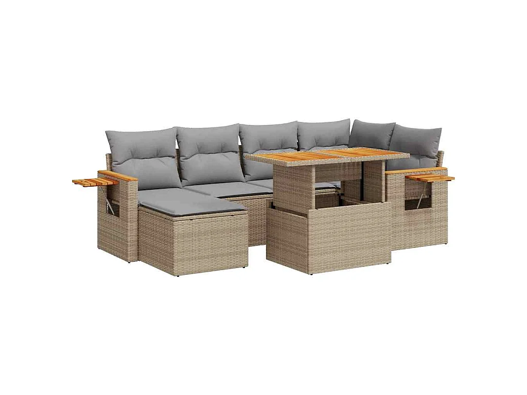 7-delige Loungeset met kussens poly rattan acacia beige