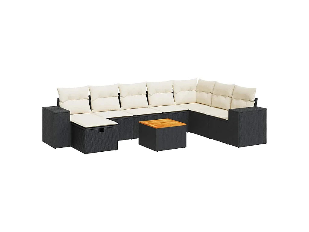 9-delige Loungeset met kussens poly rattan zwart