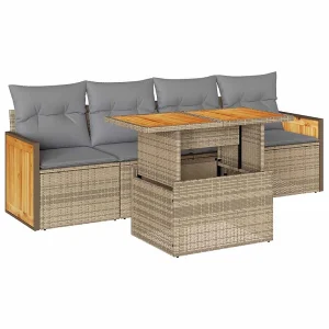 5-delige Loungeset met kussens poly rattan en acaciahout beige 5-delige Loungeset met kussens poly rattan en acaciahout beige