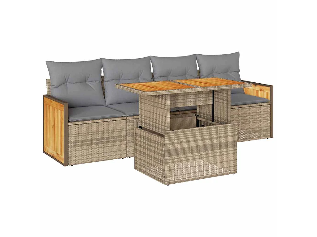 5-delige Loungeset met kussens poly rattan en acaciahout beige