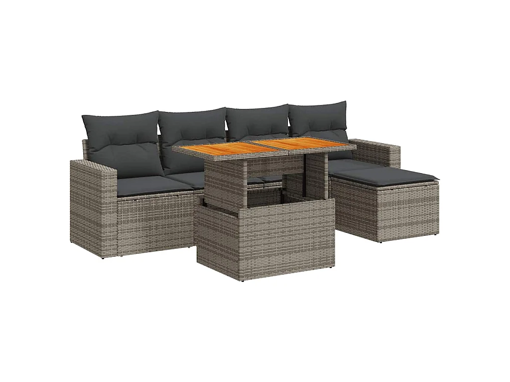 6-delige Loungeset met kussens poly rattan grijs