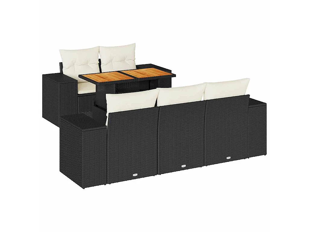 6-delige Loungeset met kussens poly rattan zwart