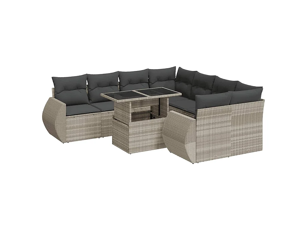 9-delige Loungeset met kussens poly rattan lichtgrijs