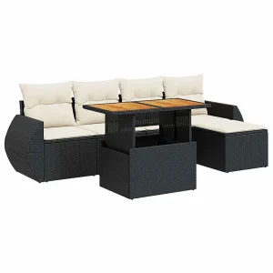 6-delige Loungeset met kussens poly rattan zwart 6-delige Loungeset met kussens poly rattan zwart