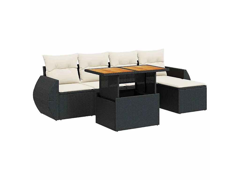 6-delige Loungeset met kussens poly rattan zwart