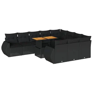 11-delige Loungeset met kussens poly rattan zwart