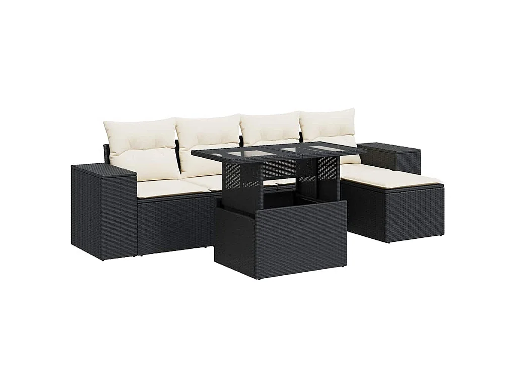 6-delige Loungeset met kussens poly rattan zwart