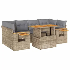 7-delige Loungeset met kussens poly rattan acacia beige 7-delige Loungeset met kussens poly rattan acacia beige