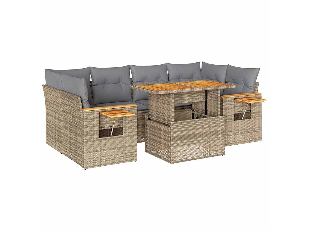 7-delige Loungeset met kussens poly rattan acacia beige