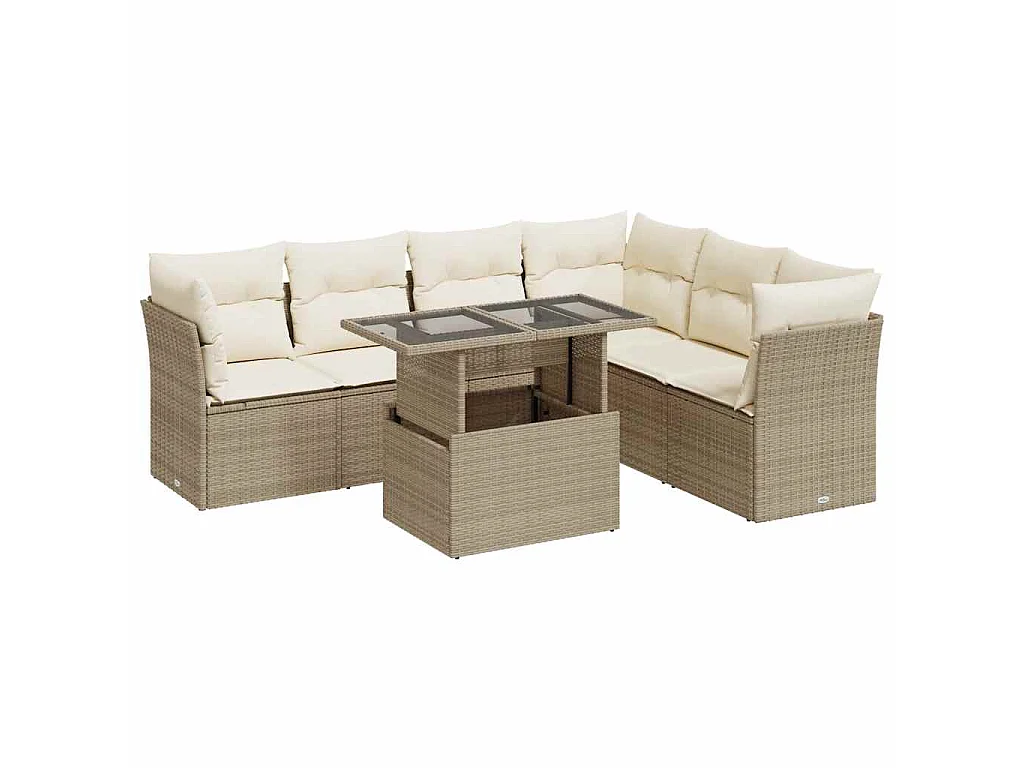 7-delige Loungeset met kussens poly rattan beige