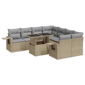 9-delige Loungeset met kussens poly rattan beige