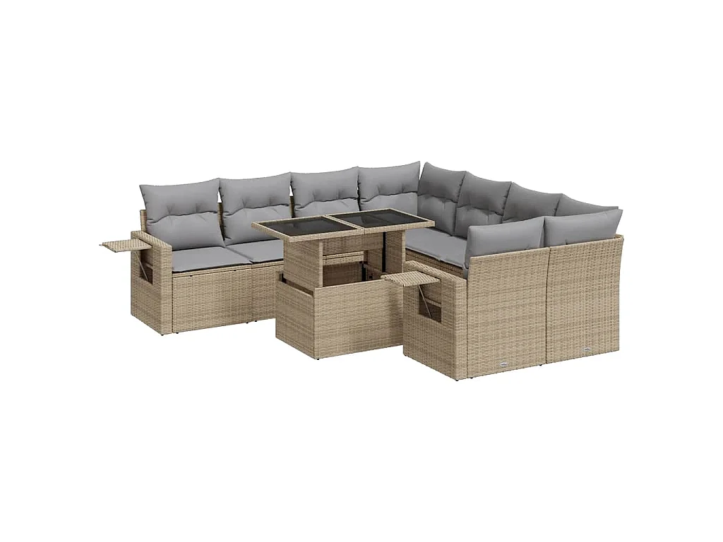 9-delige Loungeset met kussens poly rattan beige