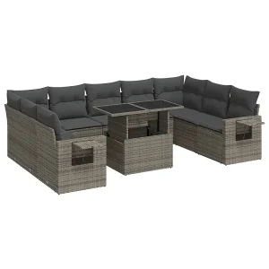 10-delige Loungeset met kussens poly rattan grijs