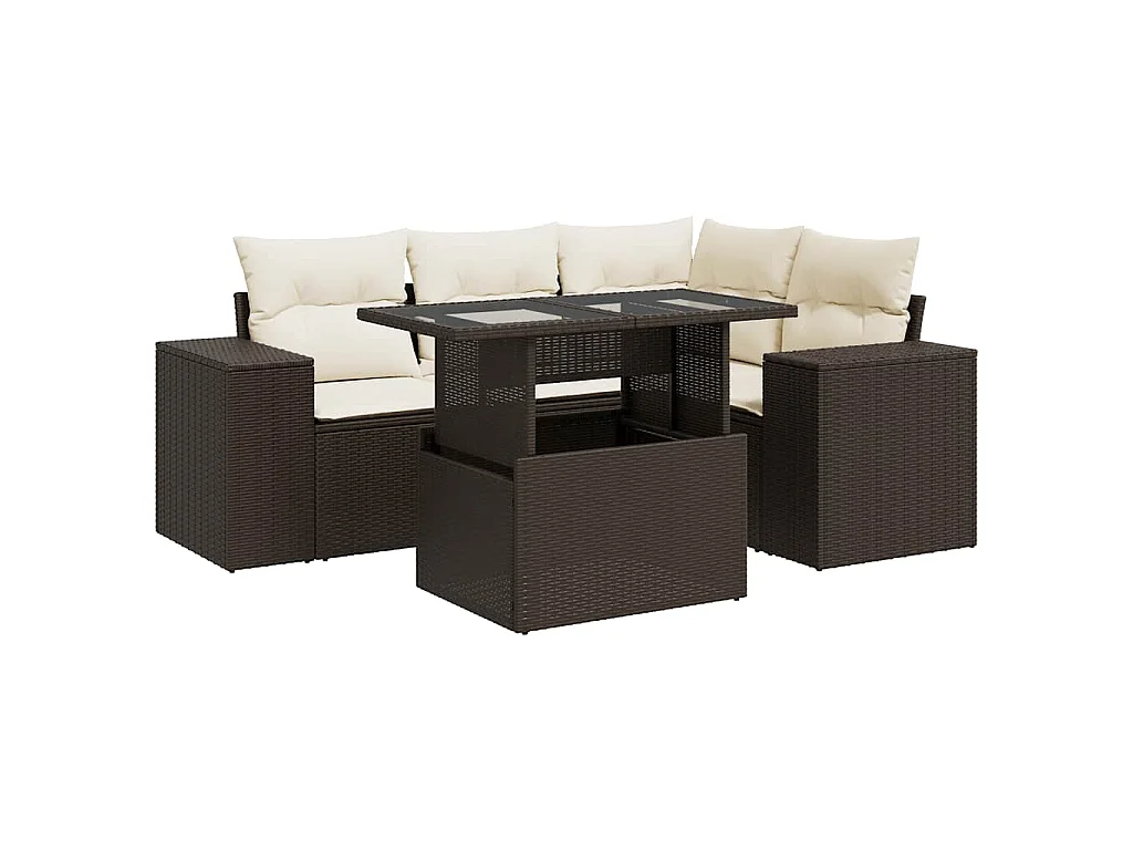 5-delige Loungeset met kussens poly rattan bruin