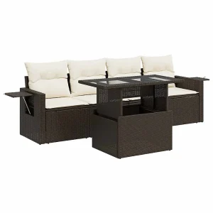 5-delige Loungeset met kussens poly rattan bruin 5-delige Loungeset met kussens poly rattan bruin