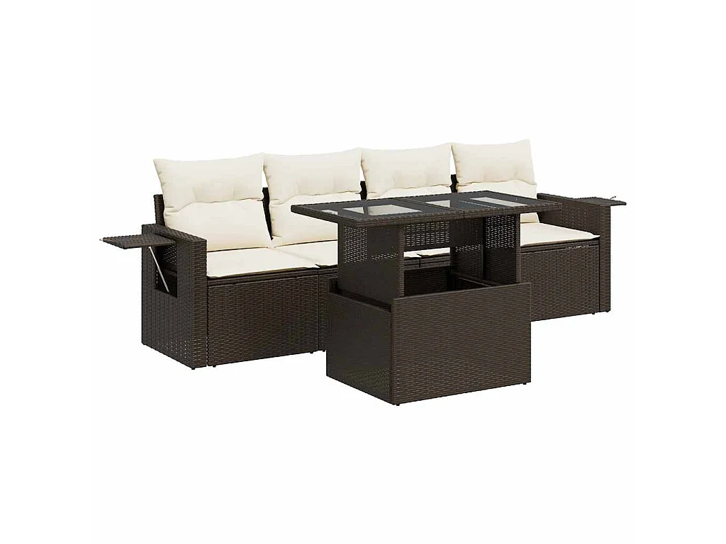 5-delige Loungeset met kussens poly rattan bruin