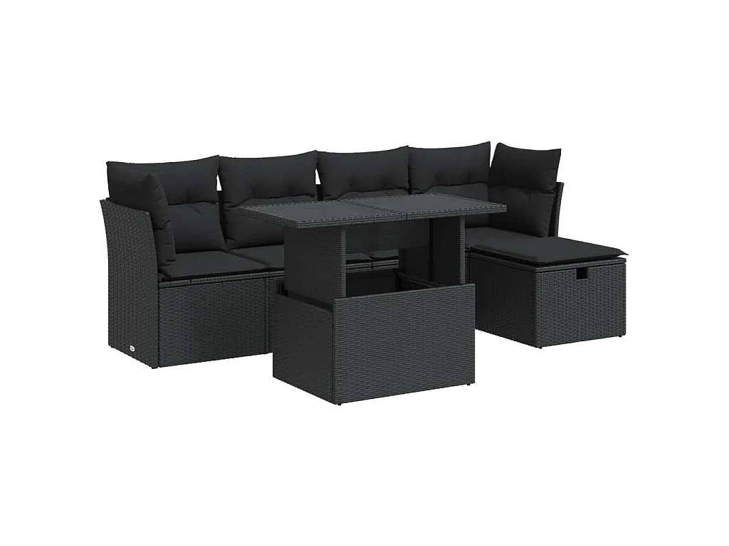 6-delige Loungeset met kussens poly rattan zwart