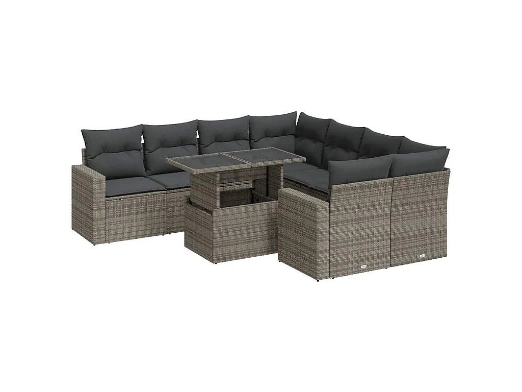 9-delige Loungeset met kussens poly rattan grijs