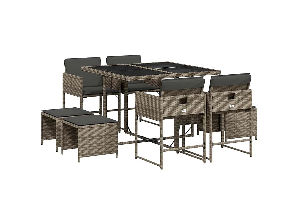 9-delige Tuinset met kussens poly rattan grijs