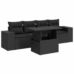 5-delige Loungeset met kussens poly rattan zwart 5-delige Loungeset met kussens poly rattan zwart