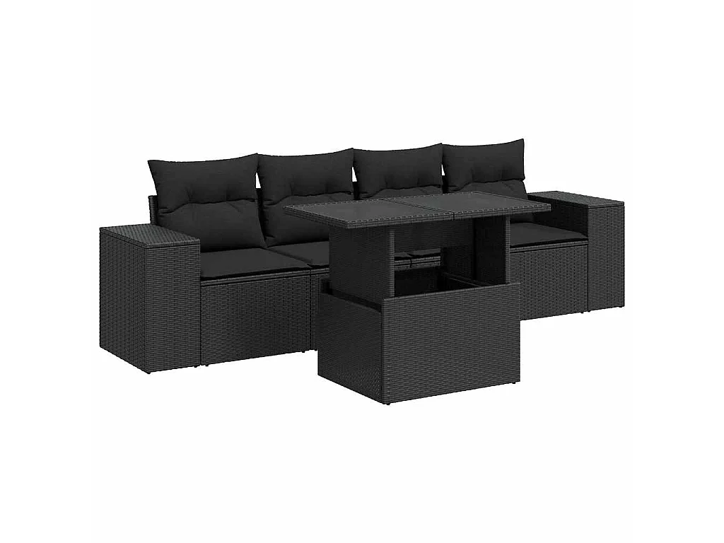 5-delige Loungeset met kussens poly rattan zwart