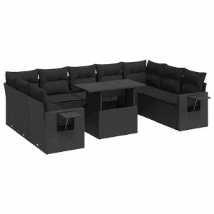 10-delige Loungeset met kussens poly rattan zwart