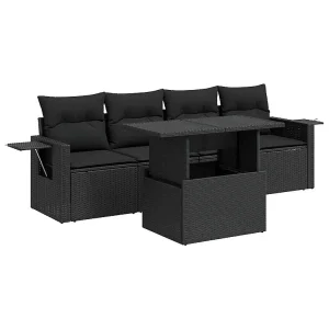 5-delige Loungeset met kussens poly rattan zwart 5-delige Loungeset met kussens poly rattan zwart