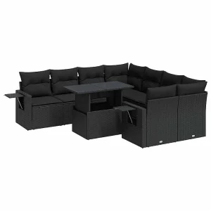 9-delige Loungeset met kussens poly rattan zwart 9-delige Loungeset met kussens poly rattan zwart