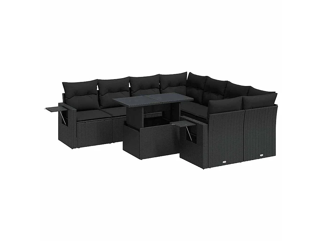 9-delige Loungeset met kussens poly rattan zwart