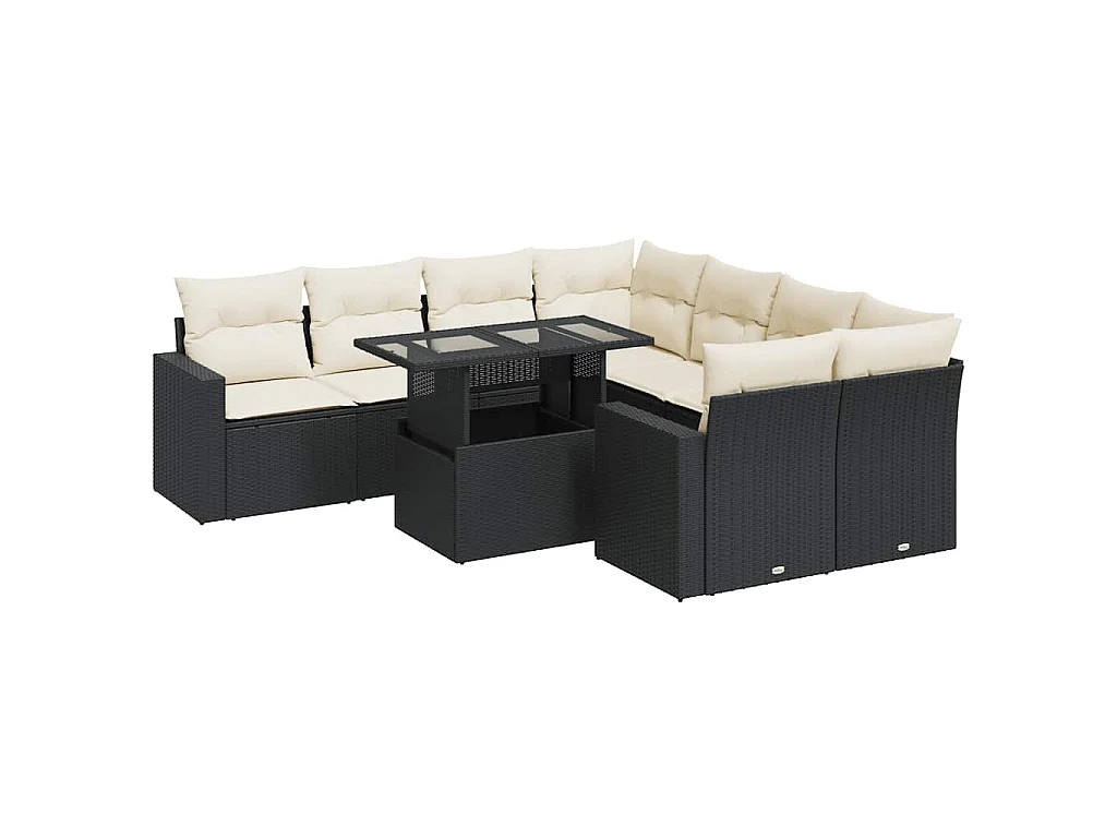 9-delige Loungeset met kussens poly rattan zwart
