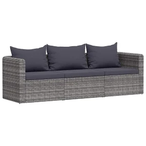 3-delige Loungeset met kussens poly rattan grijs