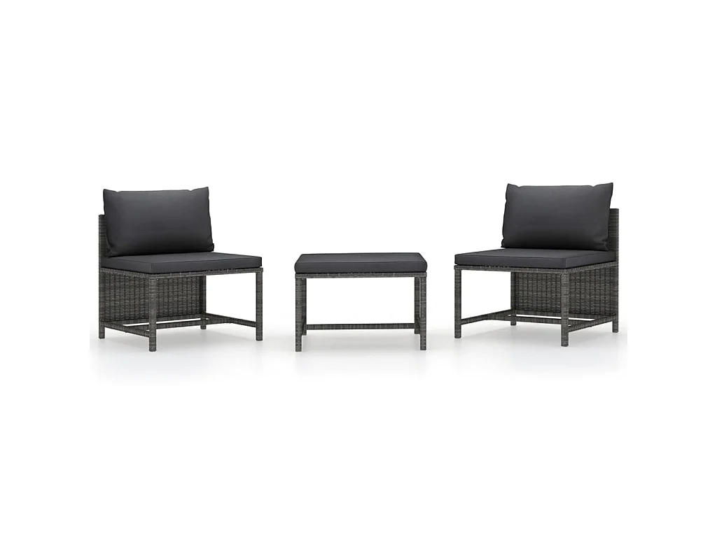 3-delige Loungeset met kussens poly rattan grijs