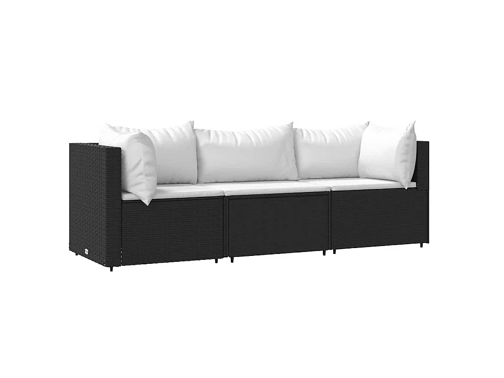 3-delige Loungeset met kussens poly rattan zwart
