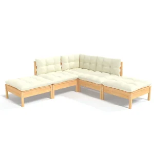 5-delige Loungeset met crèmekleurige kussens grenenhout 5-delige Loungeset met crèmekleurige kussens grenenhout