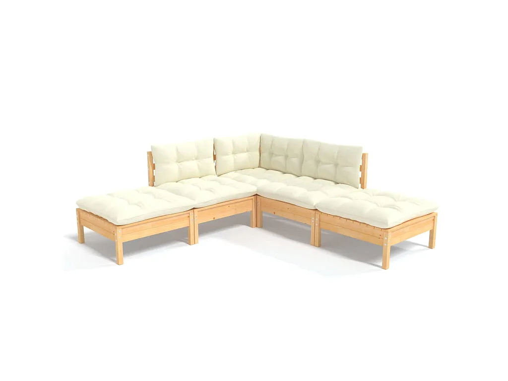 5-delige Loungeset met crèmekleurige kussens grenenhout