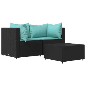 3-delige Loungeset met kussens poly rattan zwart 3-delige Loungeset met kussens poly rattan zwart