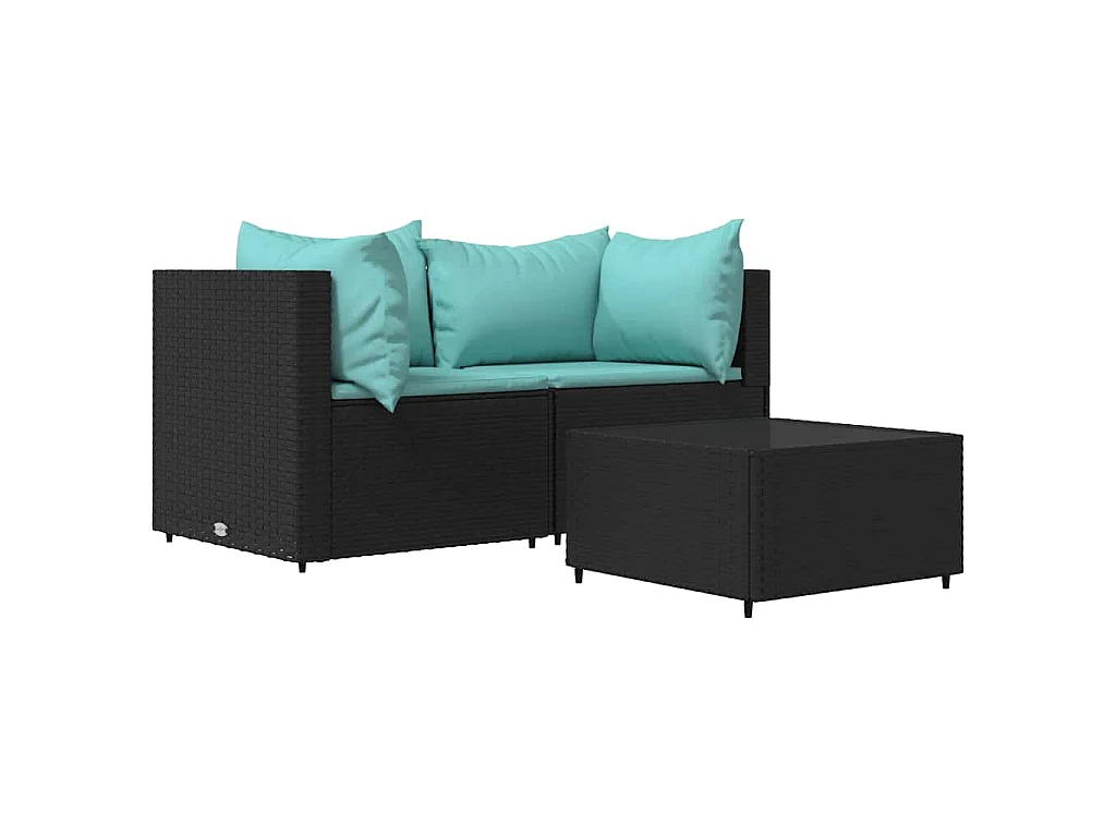 3-delige Loungeset met kussens poly rattan zwart